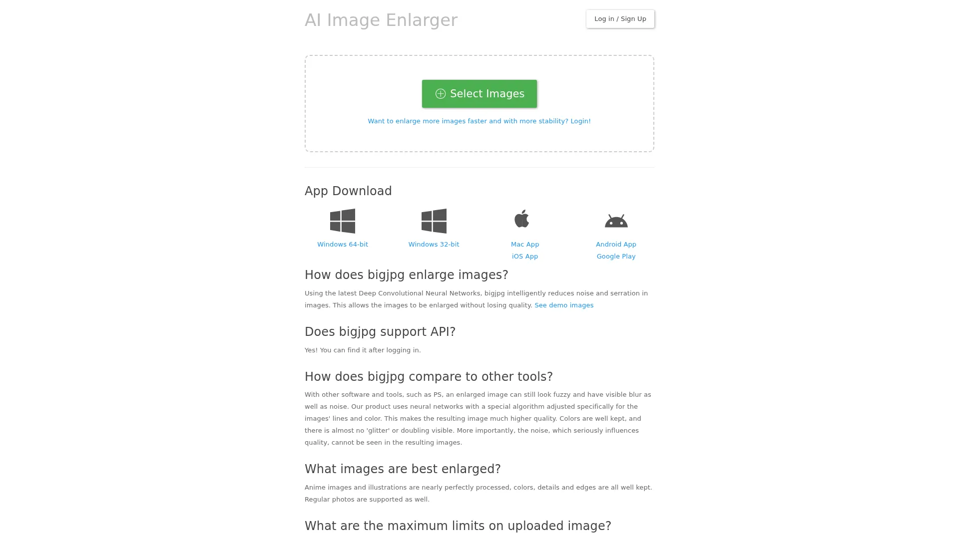 Bigjpg - AI Super-Resolution lossless image enlarging / upscaling tool using Deep Convolutional Neural Networks screenshot