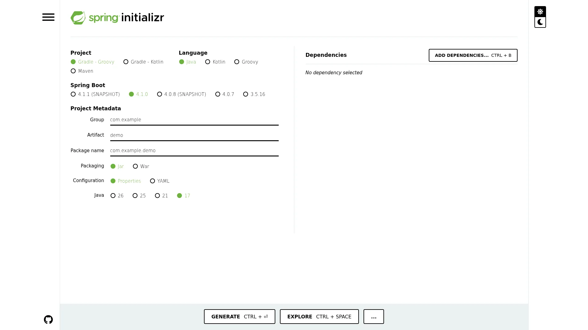 Spring Initializr screenshot