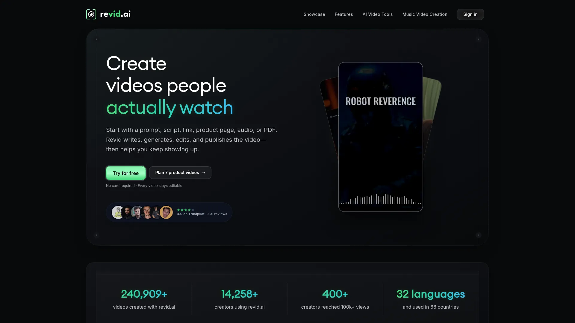 Revid AI — Create, Edit & Publish AI Videos | 100+ Tools screenshot