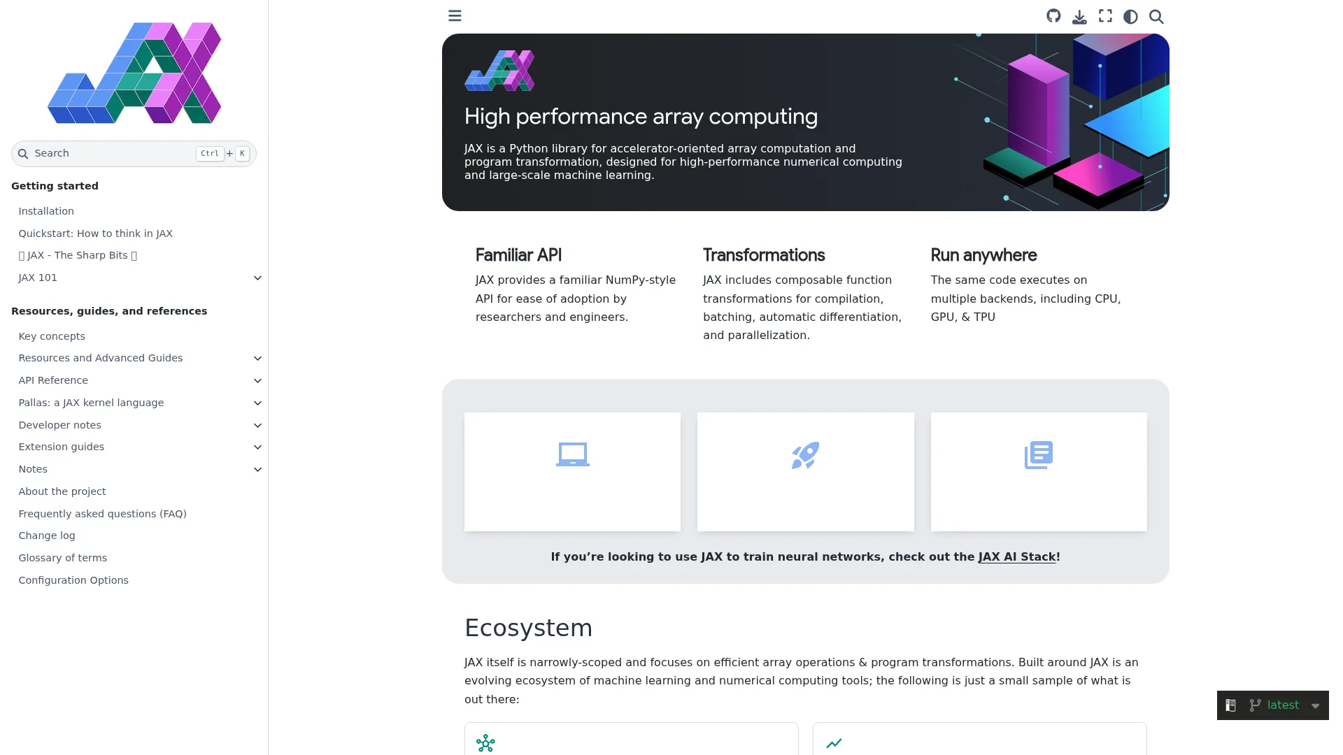 JAX: High performance array computing — JAX documentation screenshot