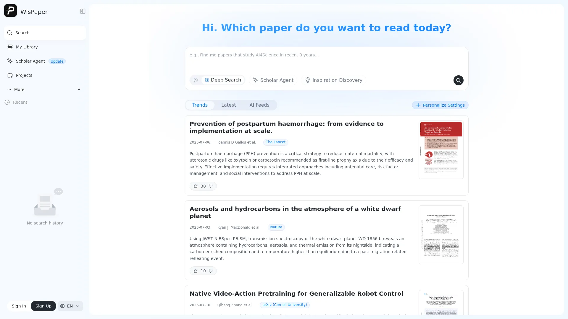 WisPaper Search - AI Literature Discovery & Deep Search screenshot