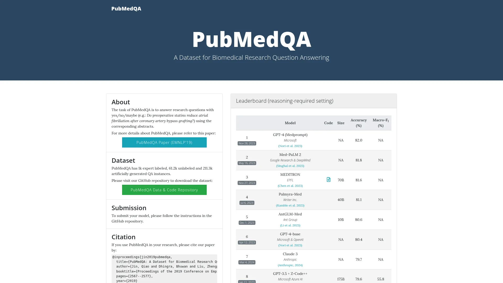 PubMedQA Homepage screenshot