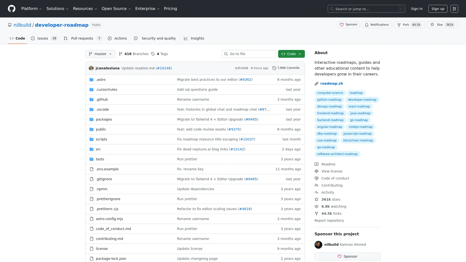 GitHub - nilbuild/developer-roadmap: Interactive roadmaps, guides and other educational content to help developers grow in their careers. · GitHub screenshot