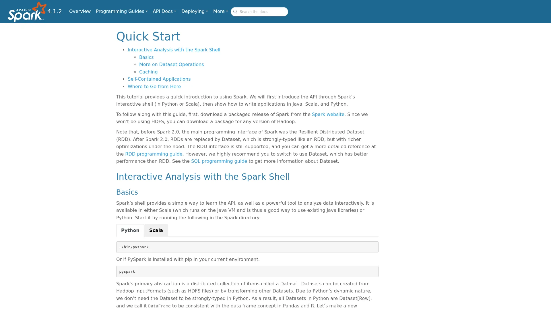 Quick Start - Spark 4.0.0 Documentation screenshot