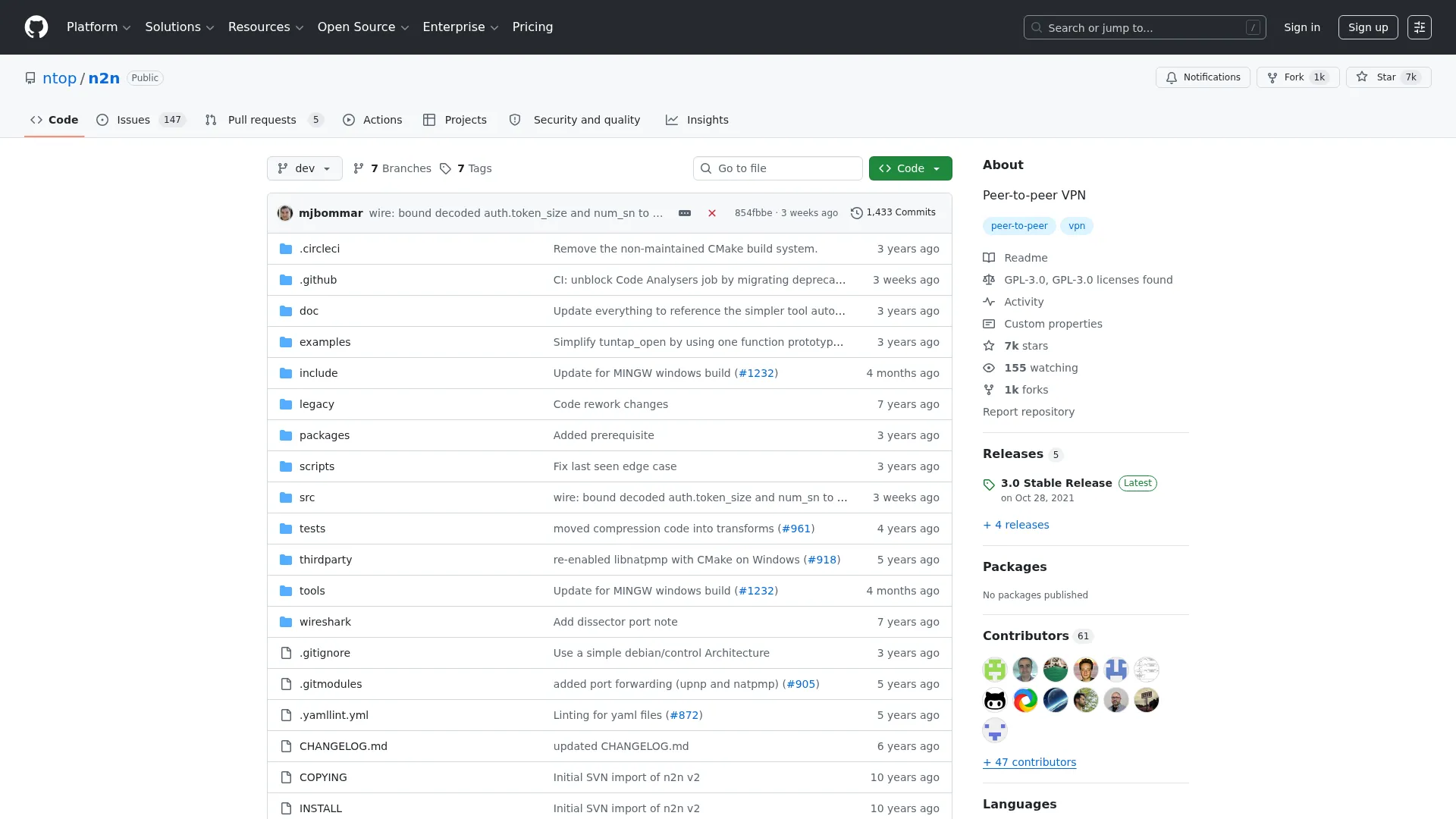 GitHub - ntop/n2n: Peer-to-peer VPN · GitHub screenshot