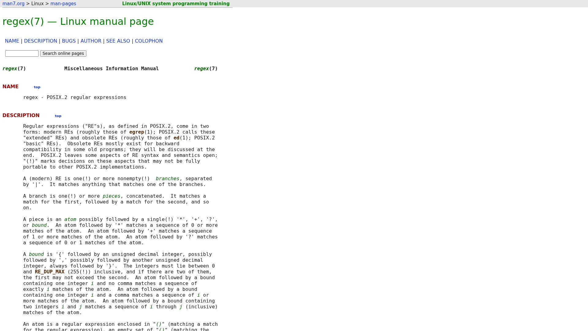 regex(7) - Linux manual page screenshot