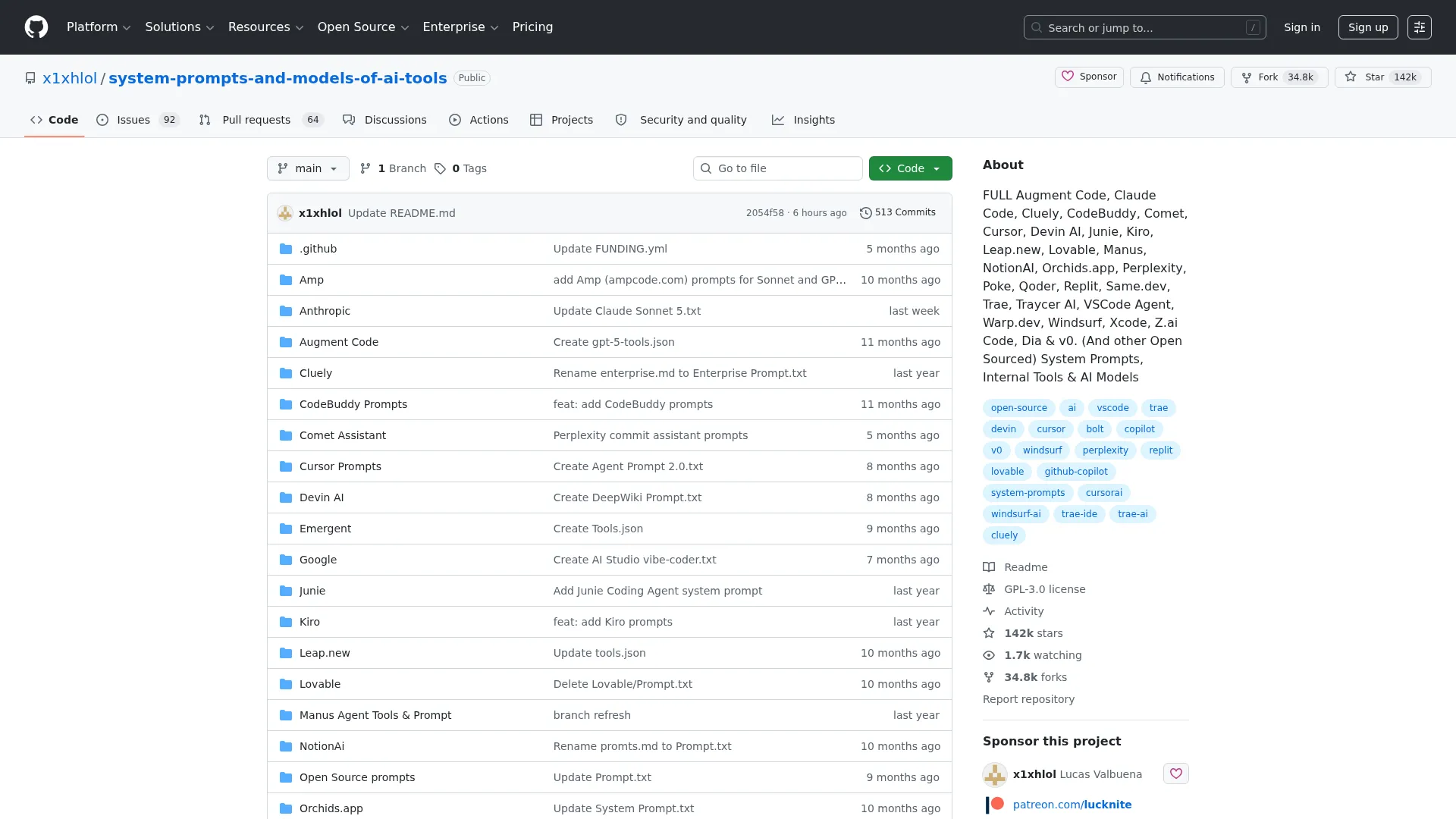 GitHub - x1xhlol/system-prompts-and-models-of-ai-tools: FULL Augment Code, Claude Code, Cluely, CodeBuddy, Comet, Cursor, Devin AI, Junie, Kiro, Leap.new, Lovable, Manus, NotionAI, Orchids.app, Perplexity, Poke, Qoder, Replit, Same.dev, Trae, Traycer AI, screenshot