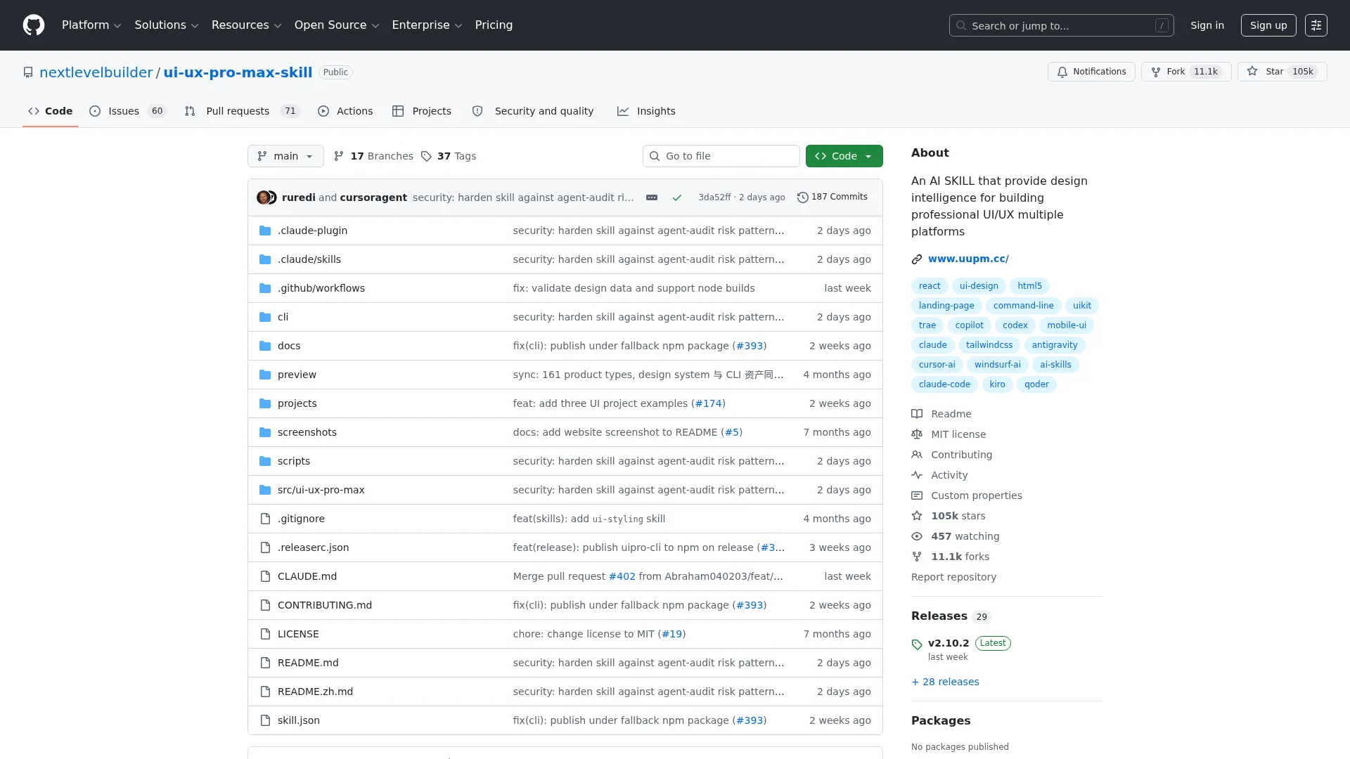 GitHub - nextlevelbuilder/ui-ux-pro-max-skill: An AI SKILL that provide design intelligence for building professional UI/UX multiple platforms · GitHub screenshot