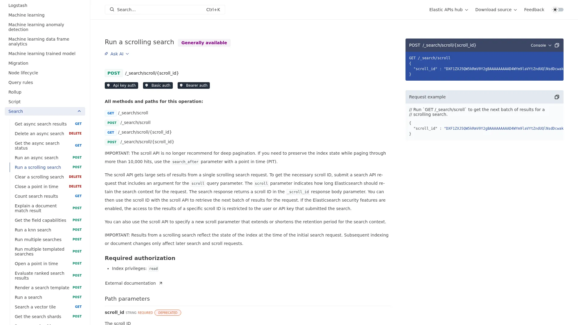 Search | Elasticsearch API documentation (v8) screenshot