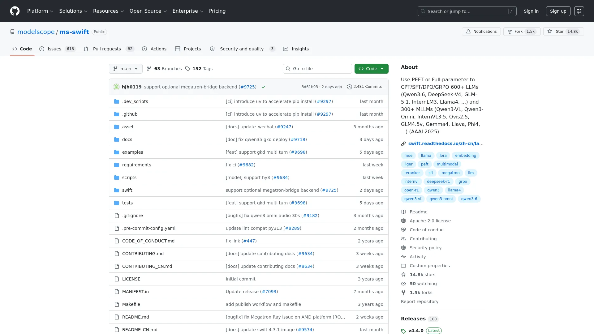 GitHub - modelscope/ms-swift: Use PEFT or Full-parameter to CPT/SFT/DPO/GRPO 600+ LLMs (Qwen3.6, DeepSeek-V4, GLM-5.1, InternLM3, Llama4, ...) and 300+ MLLMs (Qwen3-VL, Qwen3-Omni, InternVL3.5, Ovis2.5, GLM4.5v, Gemma4, Llava, Phi4, ...) (AAAI 2025). · Gi screenshot