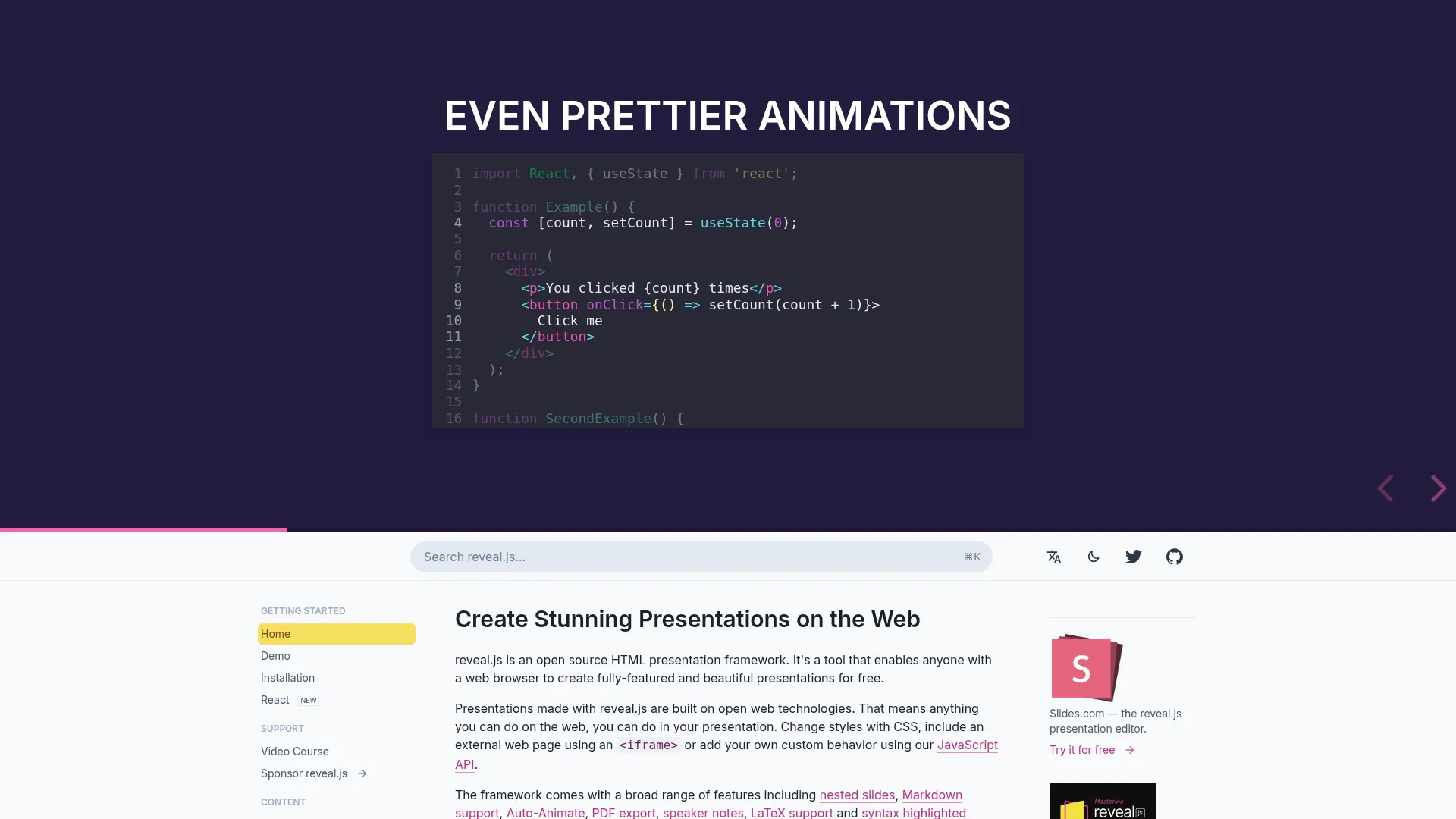 The HTML presentation framework | reveal.js screenshot