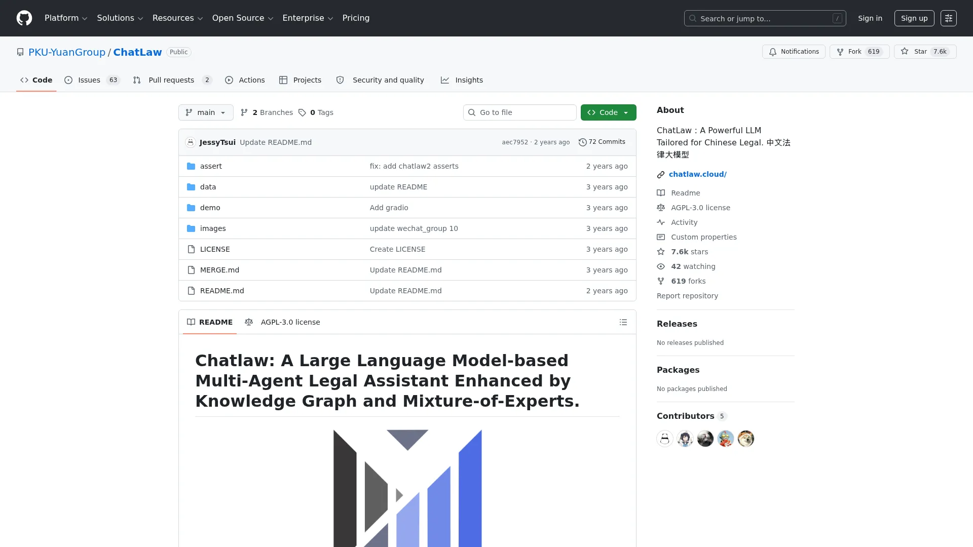 GitHub - PKU-YuanGroup/ChatLaw: ChatLaw：A Powerful LLM Tailored for Chinese Legal. 中文法律大模型 · GitHub screenshot