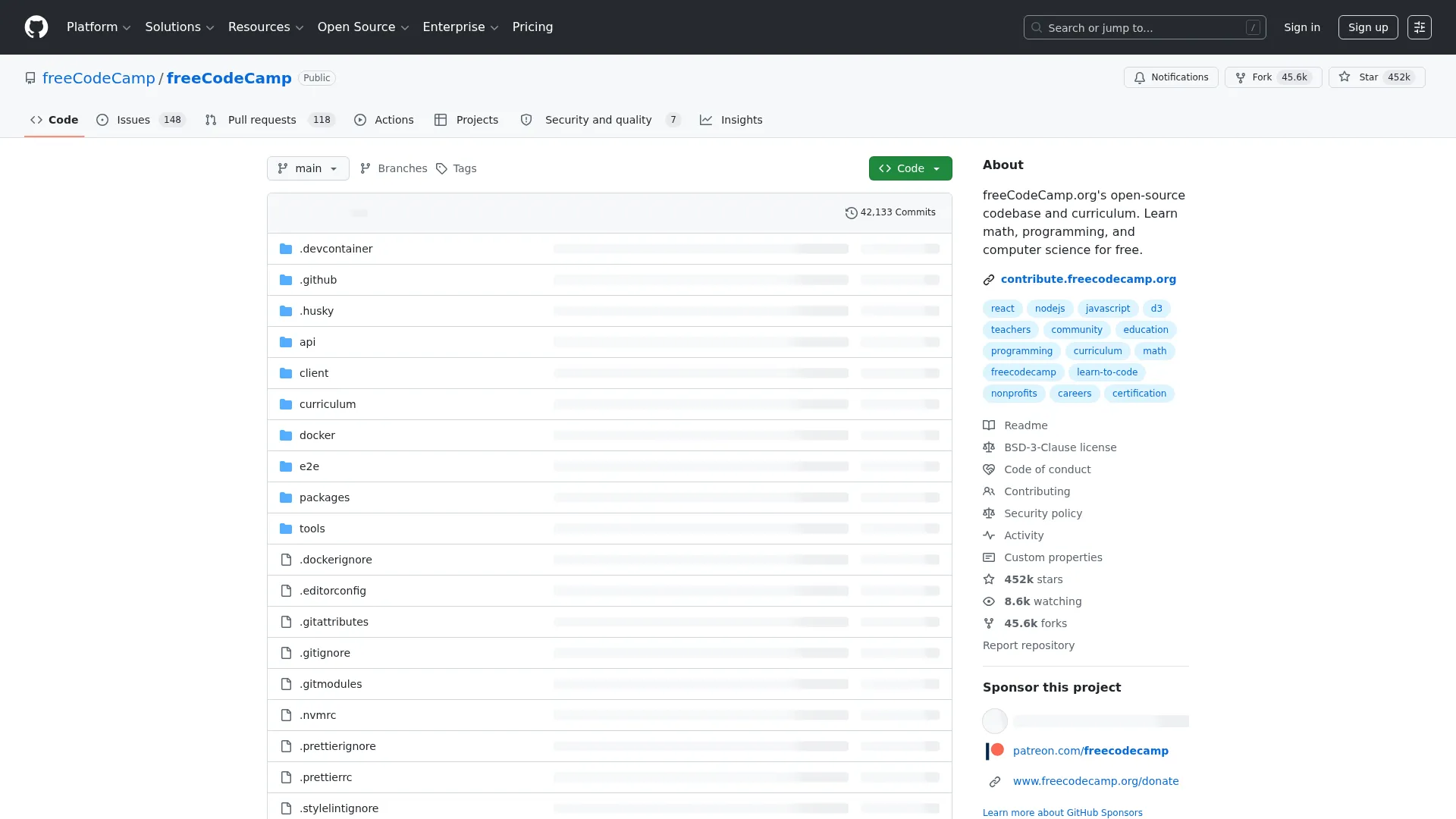 GitHub - freeCodeCamp/freeCodeCamp: freeCodeCamp.org's open-source codebase and curriculum. Learn math, programming, and computer science for free. · GitHub screenshot
