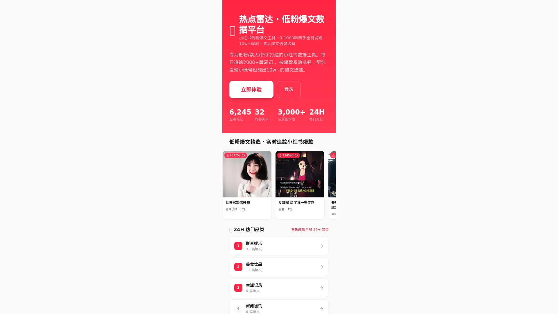 热点雷达 | 小红书低粉爆文数据平台 — 新手爆文选题神器 · 素人0粉起号必备 screenshot