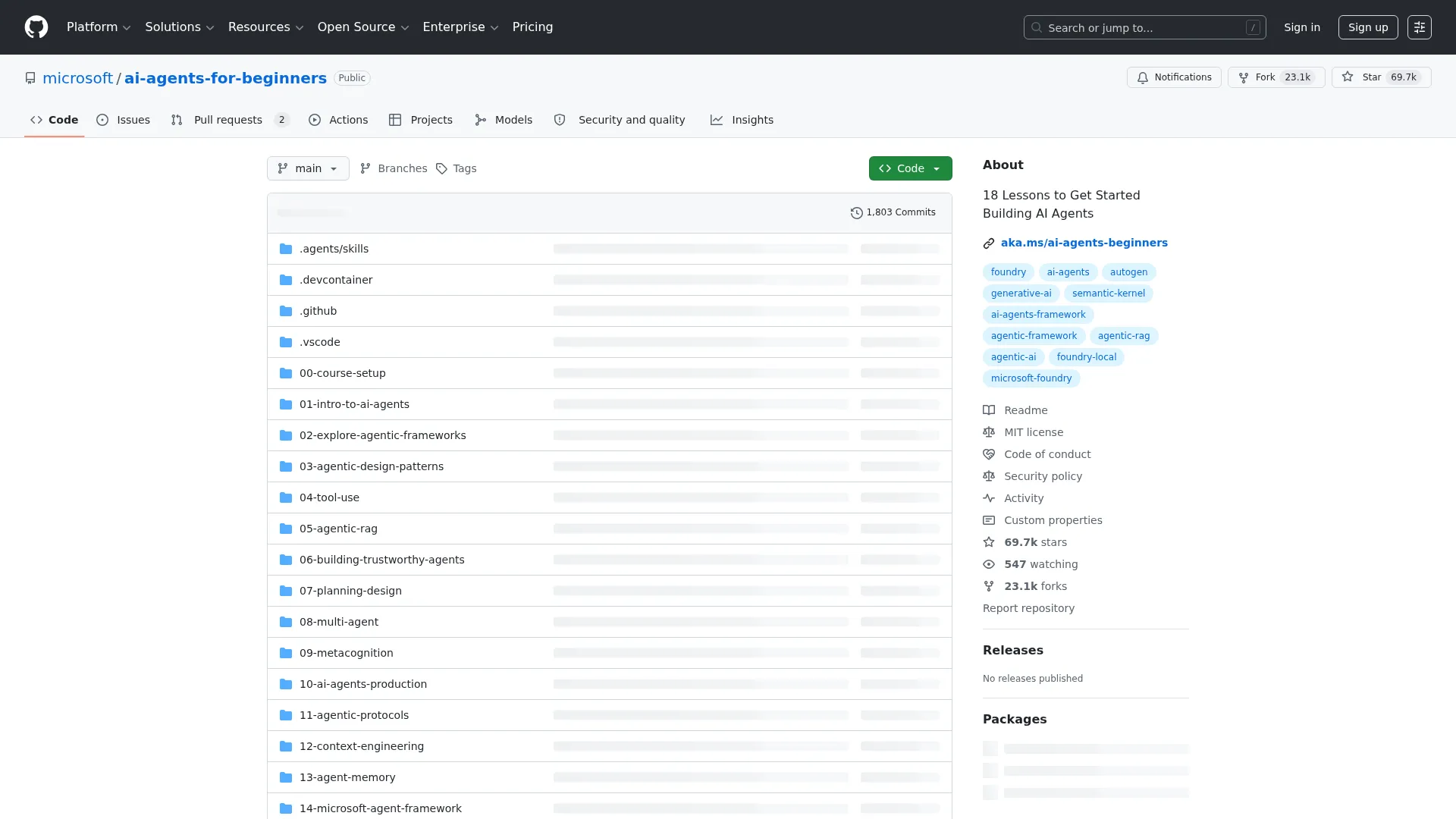 GitHub - microsoft/ai-agents-for-beginners: 18 Lessons to Get Started Building AI Agents · GitHub screenshot
