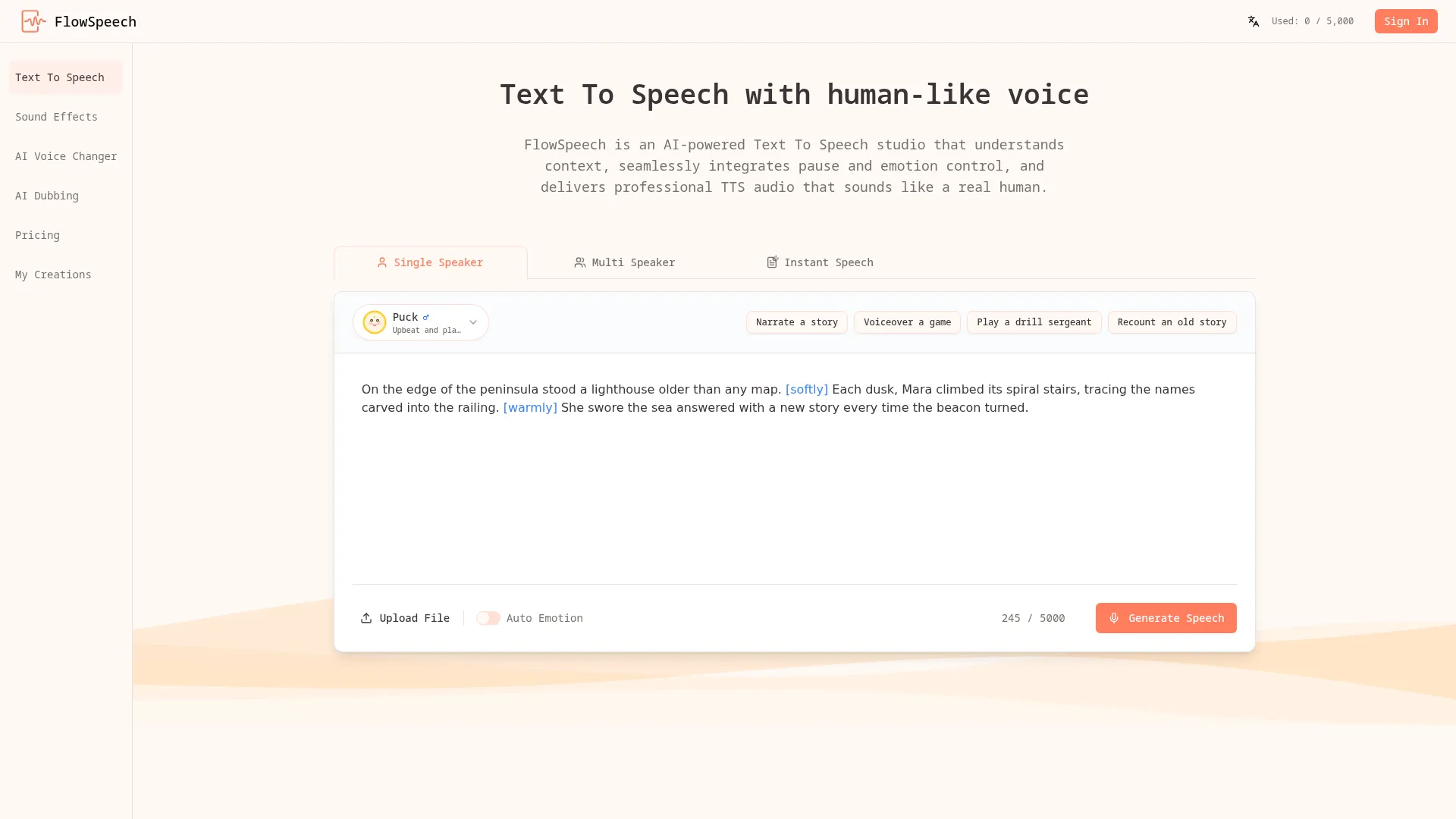 Free Text To Speech with Lifelike AI Voices | FlowSpeech screenshot