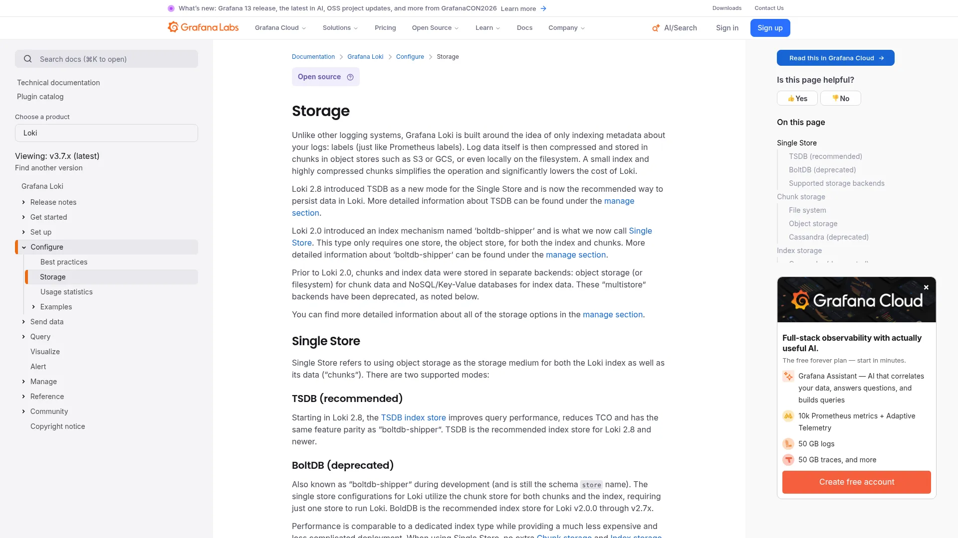 Storage | Grafana Loki documentation screenshot