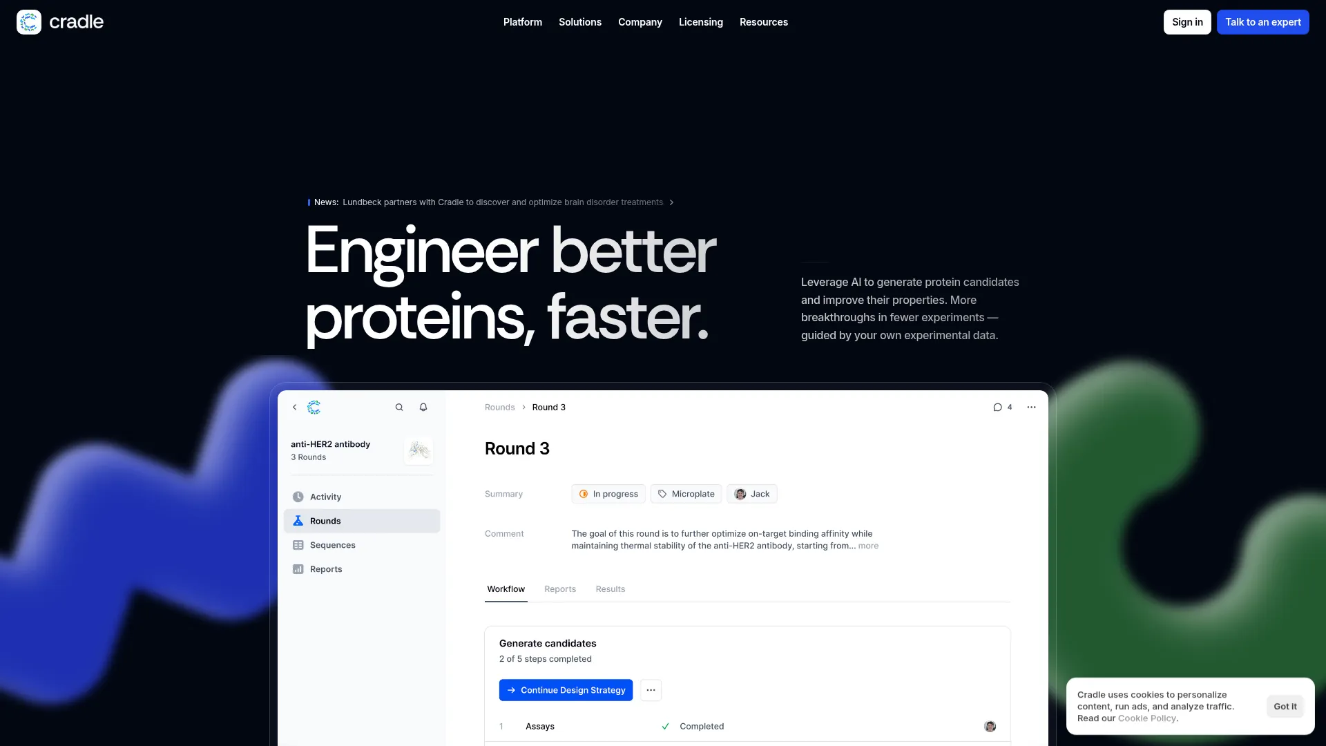 Cradle | Engineer better proteins, faster. screenshot