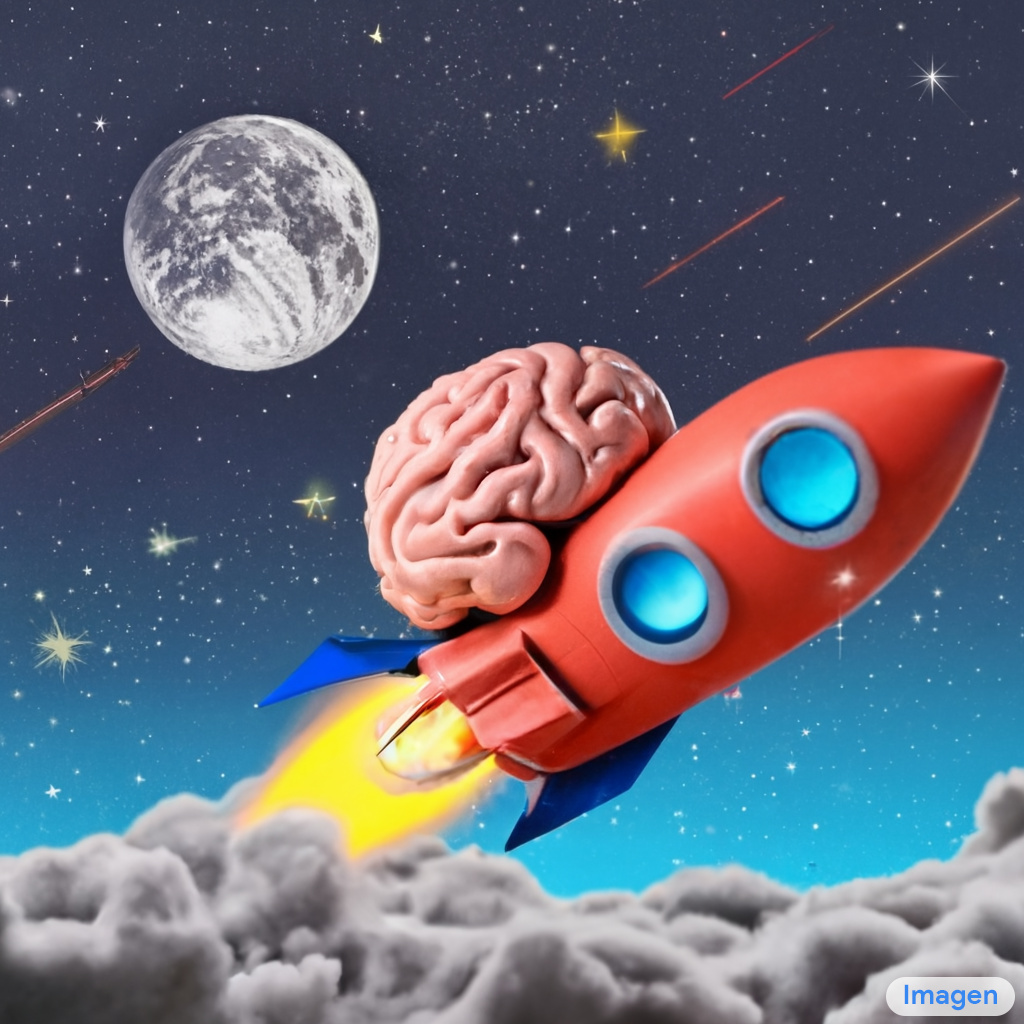 A brain riding a rocketship heading towards the moon.