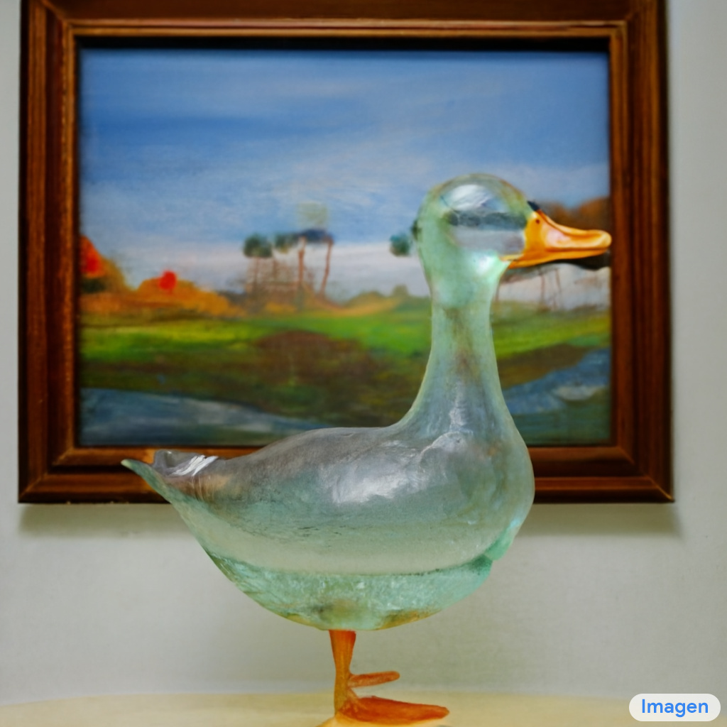 A transparent sculpture of a duck made out of glass. The sculpture is in front of a painting of a landscape.