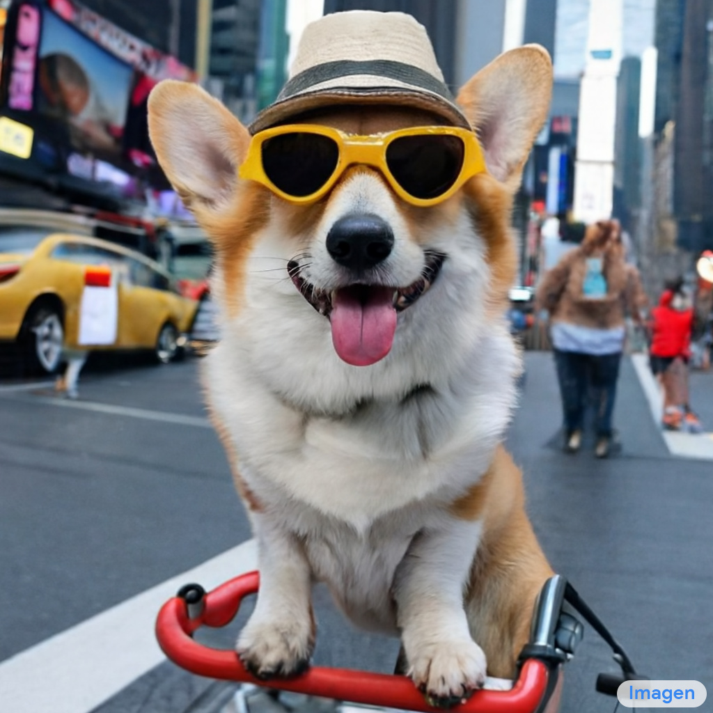 A photo of a Corgi dog riding a bike in Times Square. It is wearing sunglasses and a beach hat.